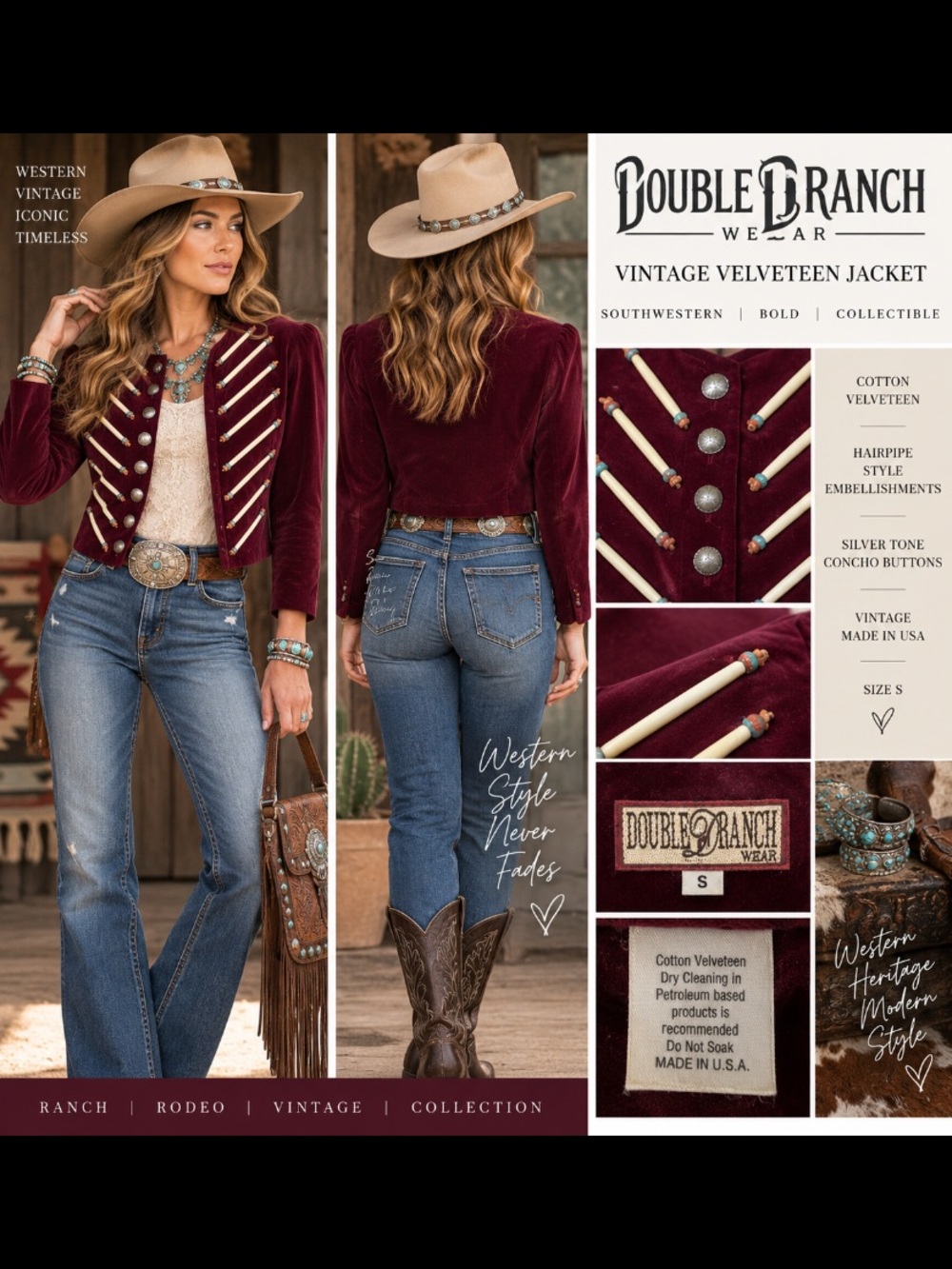 Vintage Double D Ranch Burgundy Velveteen Hairpipe Western Jacket S